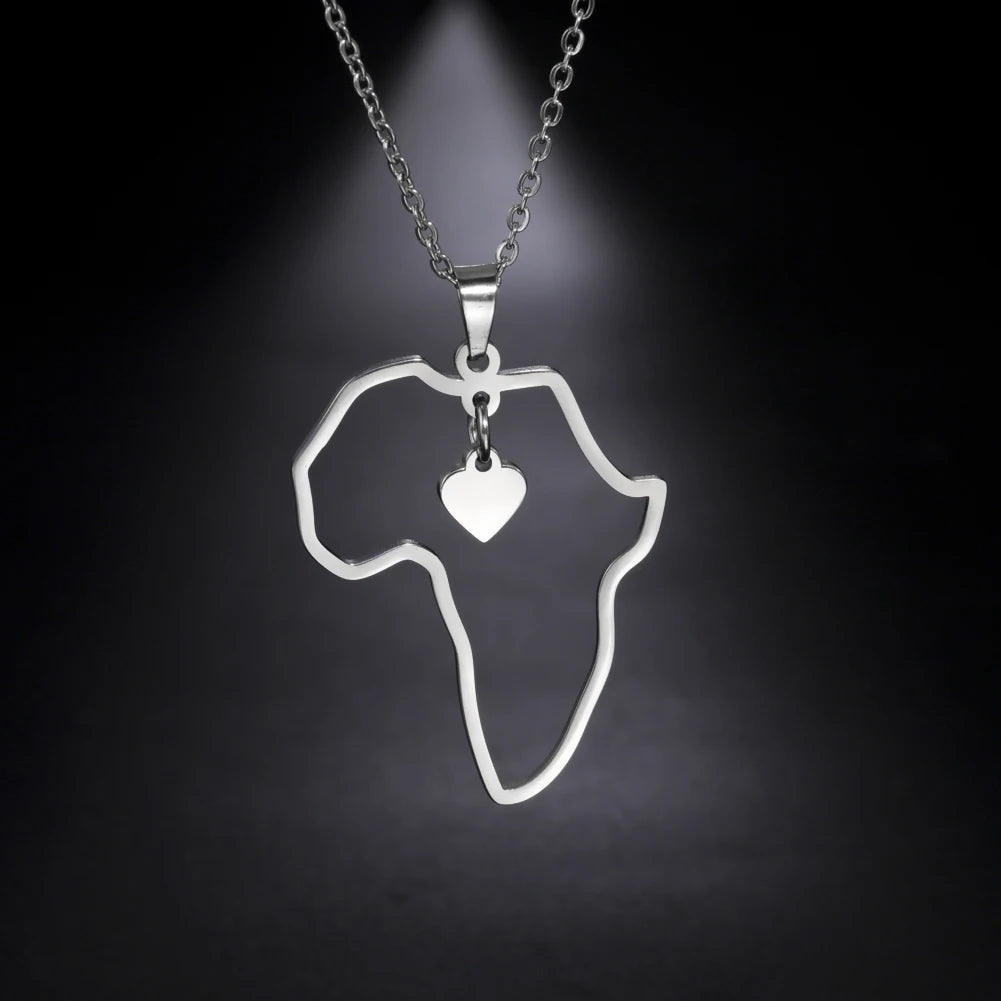 Collier pendentif tendance carte d'Afrique pour femme – Collier géométrique en acier inoxydable, coloris or, or rose ou acier.