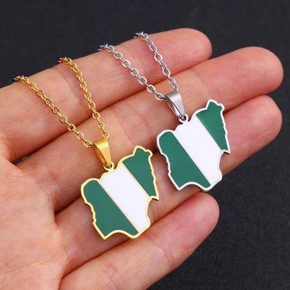 Trendy Africa Nigeria Map Flag Pendant Necklace for Men & Women – Gold & Silver Stainless Steel African Jewelry Gift