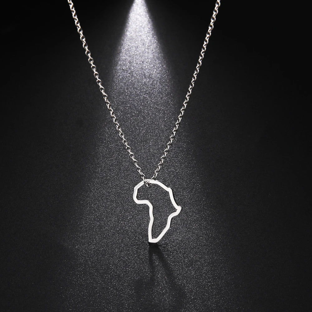 Collier pendentif tendance carte d'Afrique pour femme – Collier géométrique en acier inoxydable, coloris or, or rose ou acier.