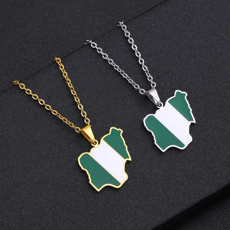 Trendy Africa Nigeria Map Flag Pendant Necklace for Men & Women – Gold & Silver Stainless Steel African Jewelry Gift