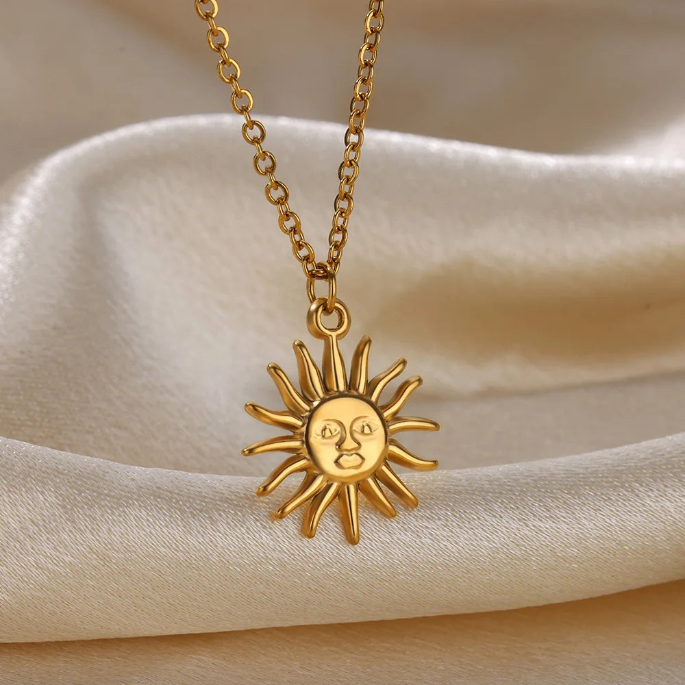 Sunflower Pendant Geometric Necklace – Stainless Steel Clavicle Chain for Women