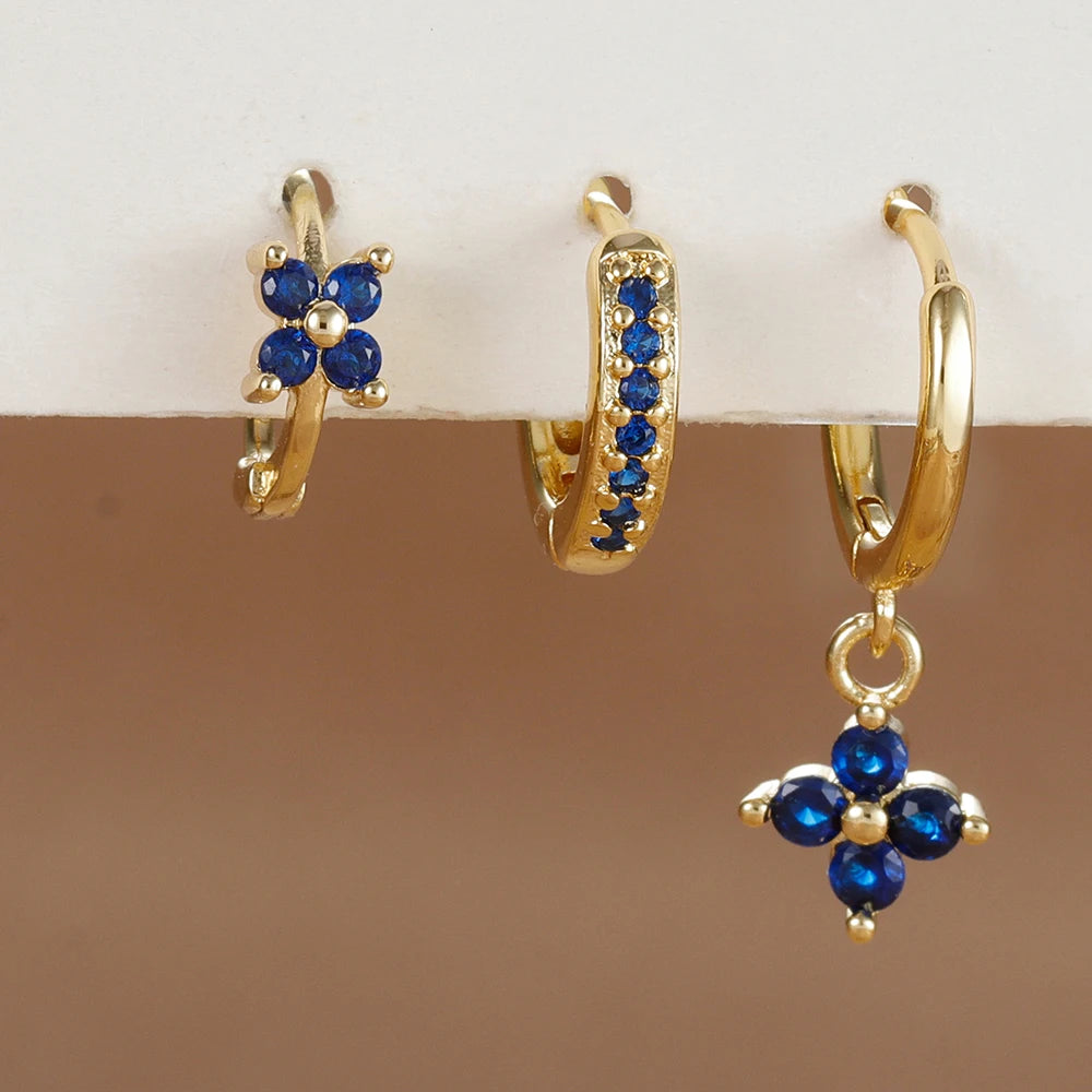 3-Piece Stainless Steel Flower Drop Earrings Set with Cubic Zirconia – Hypoallergenic Floral Dangle Earrings for Women