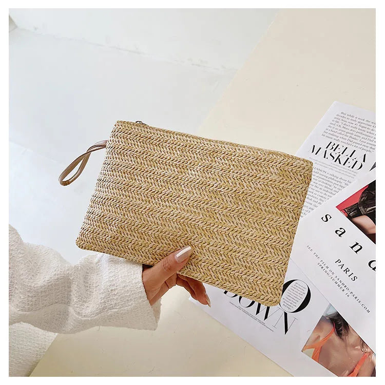 Elariah Woven Straw Wristlet Clutch Bag – Bohemian Summer Beach Handbag with Zipper (White, Khaki, Beige)