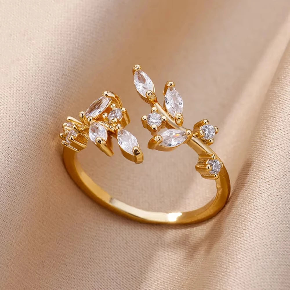 ELARIAH 18K Gold Plated Zircon Geometric Open Ring – Adjustable Stainless Steel Wedding & Party Band for Women