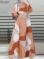 Robe Kaftan Longue Imprimée Femme Elariah – Coupe Ample Manches Longues Col Rond Abaya Modeste Coupe Trapèze