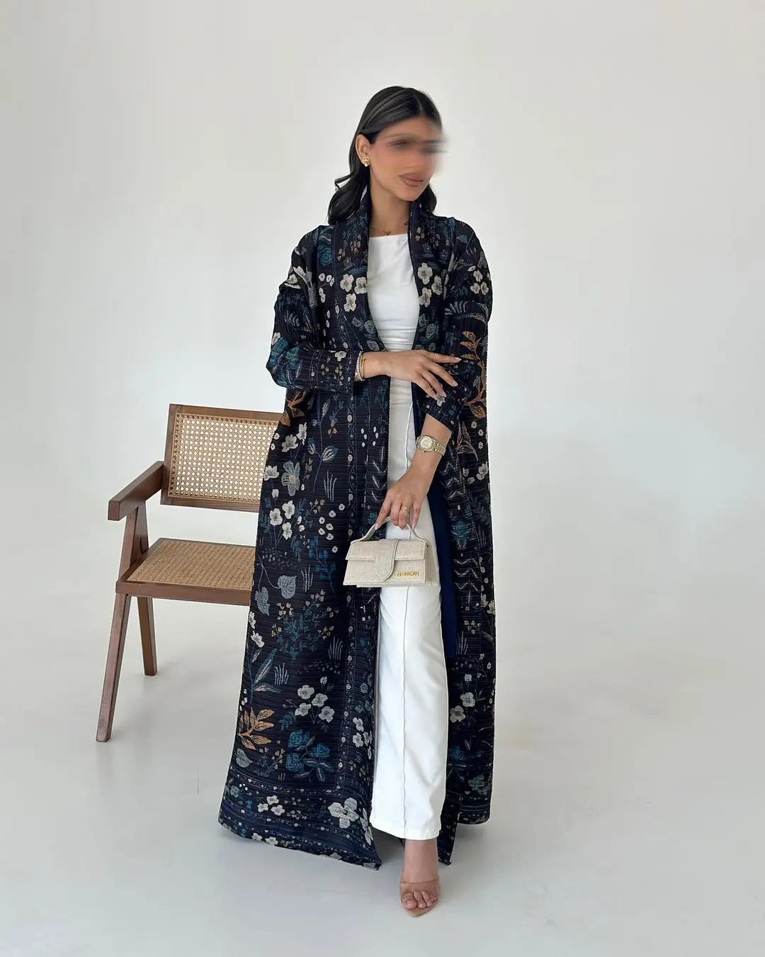 Elariah Retro Printed Pleated Abaya Coat – Belted Chiffon Maxi Modest Windbreaker Jacket for Women (One Size)