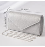 Elariah Shimmer Envelope Clutch Bag – Silver Glitter Evening Handbag with Chain Strap for Weddings & Party Wear