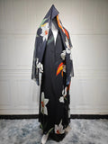 Elariah Women's Floral Print Open Front Abaya with Matching Hijab Scarf – Modest Maxi Cardigan Kaftan, Black Polyester