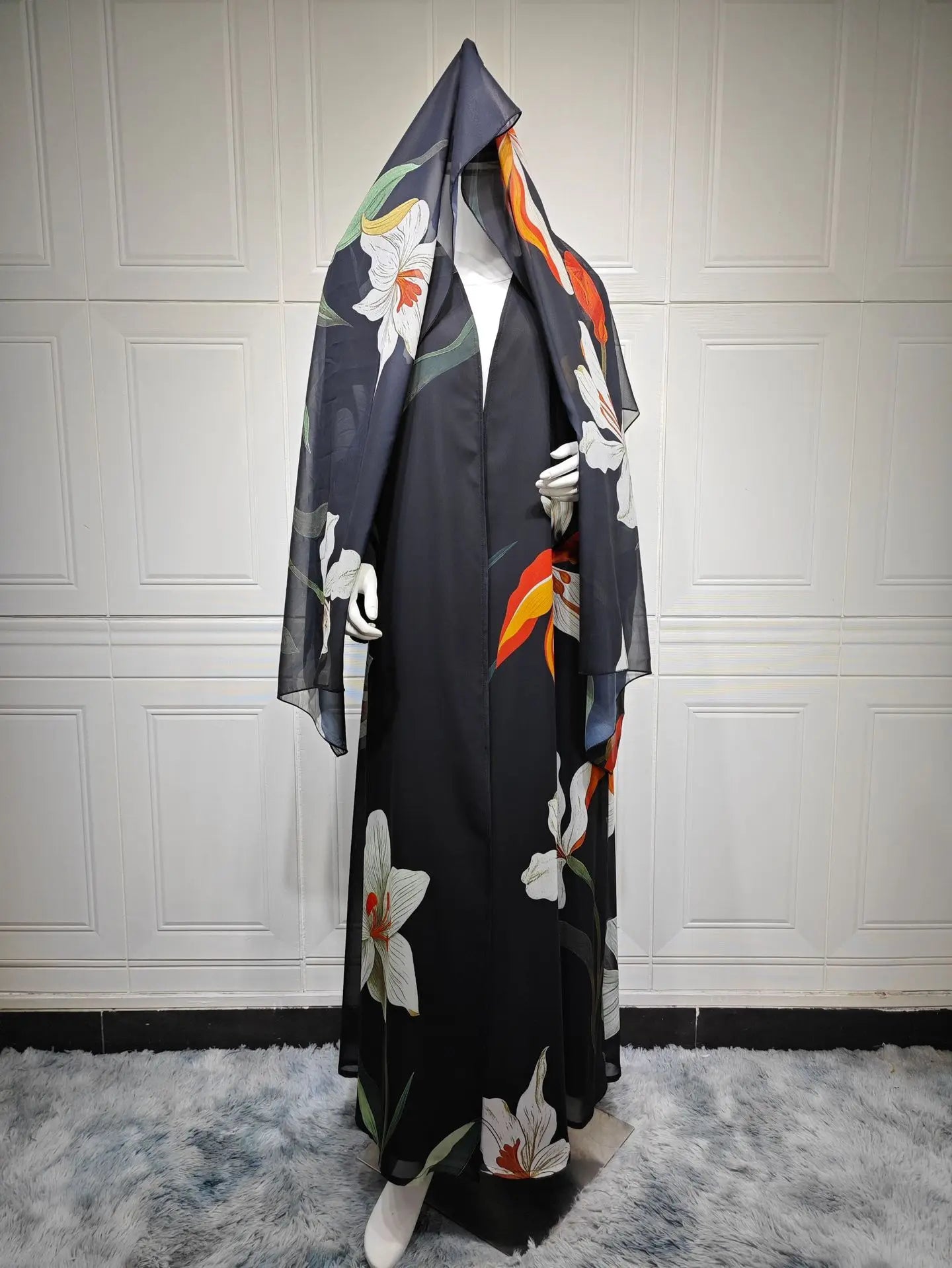 Elariah Women's Floral Print Open Front Abaya with Matching Hijab Scarf – Modest Maxi Cardigan Kaftan, Black Polyester