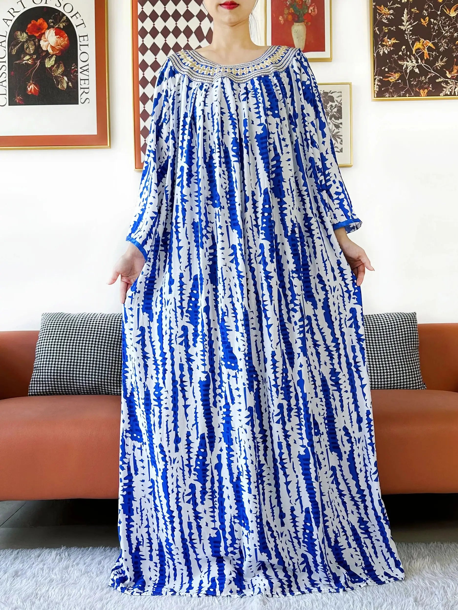 Embroidered Cotton Abaya Dress – Loose Boho Maxi Kaftan with Tassel Detail (One Size, 6 Colours)