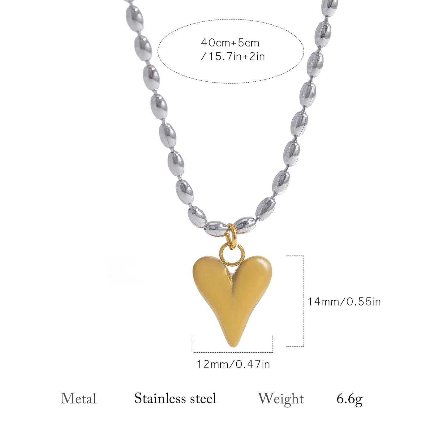 18K Gold Plated Heart Pendant Necklace – Stainless Steel Bead Chain, Dainty Romantic Jewelry for Women