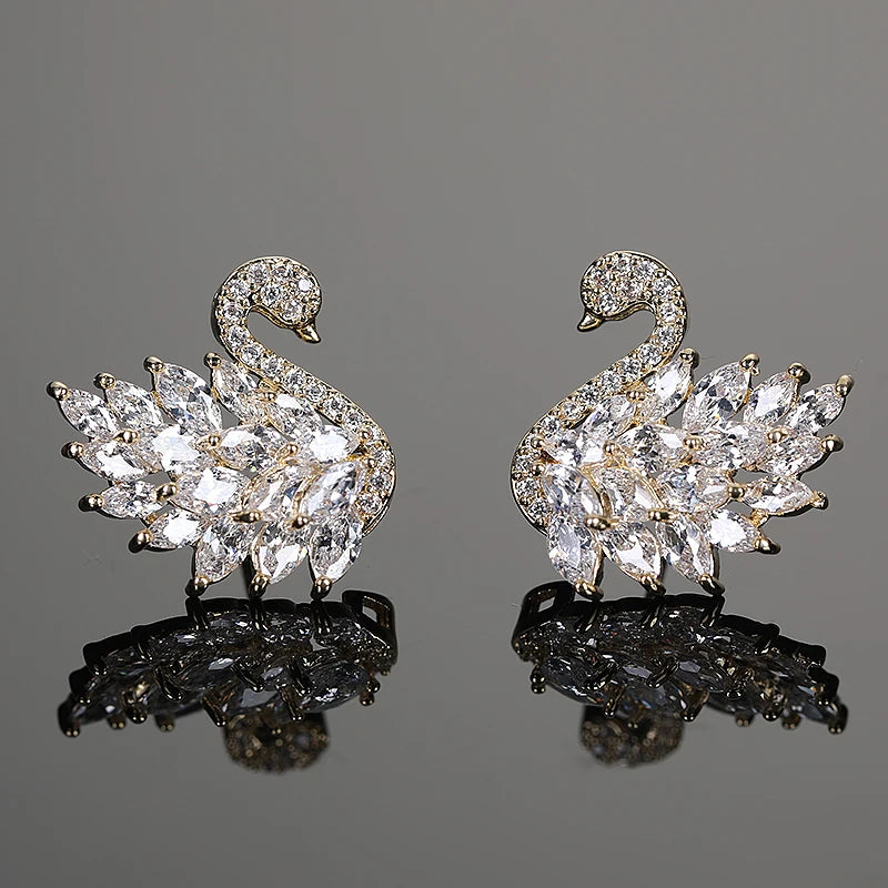 Swan Zircon Stud Earrings for Women – Gold Plated Copper Long Swan Earrings with Micro-Pavé Cubic Zirconia | Elegant Goddess Style Jewelry