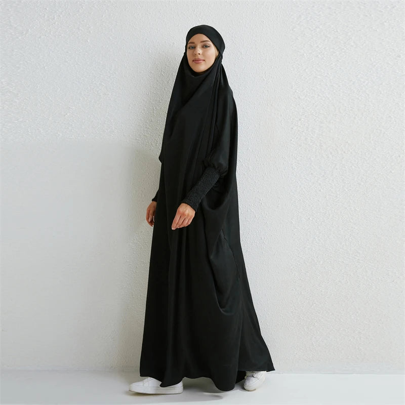 Elariah Hooded Modest Abaya Dress – Loose Fit One-Piece Jilbab with Smocked Sleeves (Black)