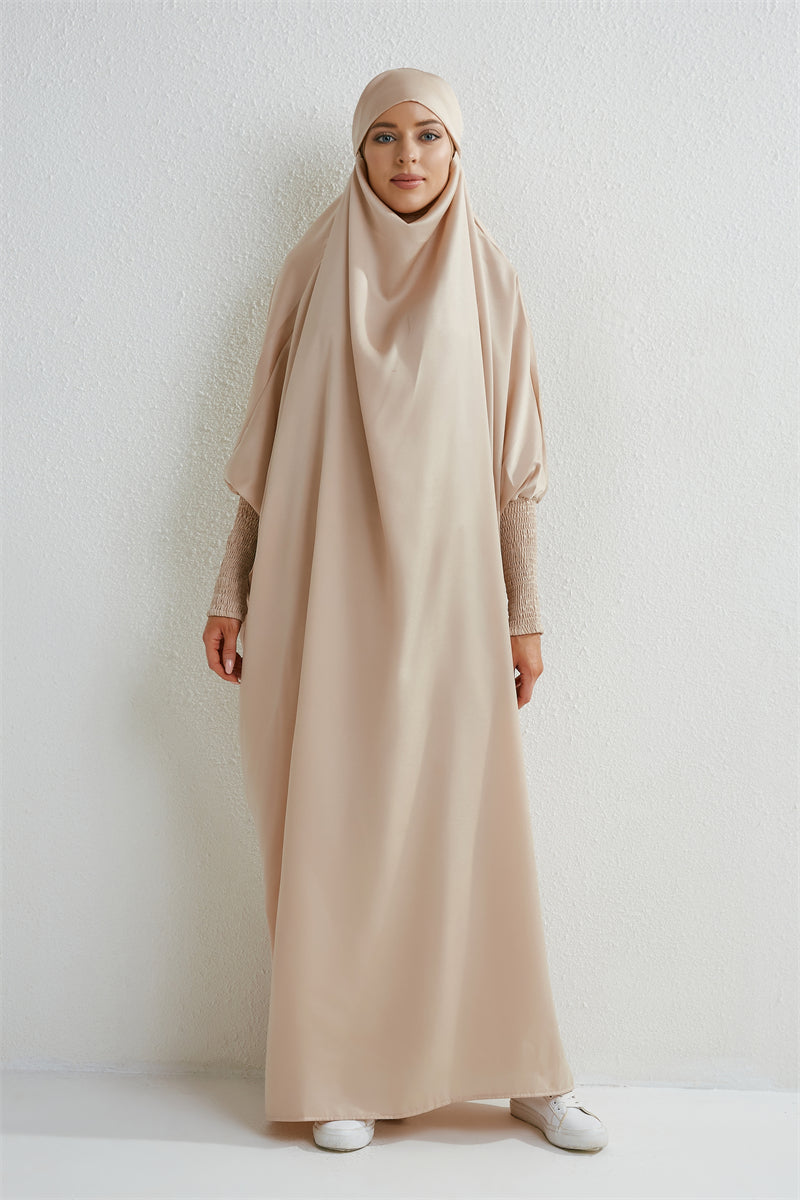 Elariah Hooded Modest Abaya Dress – Loose Fit One-Piece Jilbab with Smocked Sleeves (Black)
