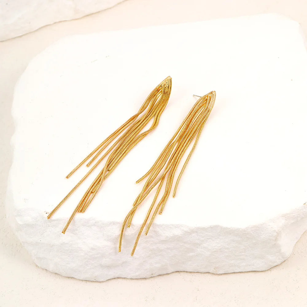 Gold Bling Tassel Statement Earrings – Elegant Long Drop Design for Women