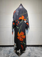 Elariah Women's Floral Print Open Front Abaya with Matching Hijab Scarf – Modest Maxi Cardigan Kaftan, Black Polyester