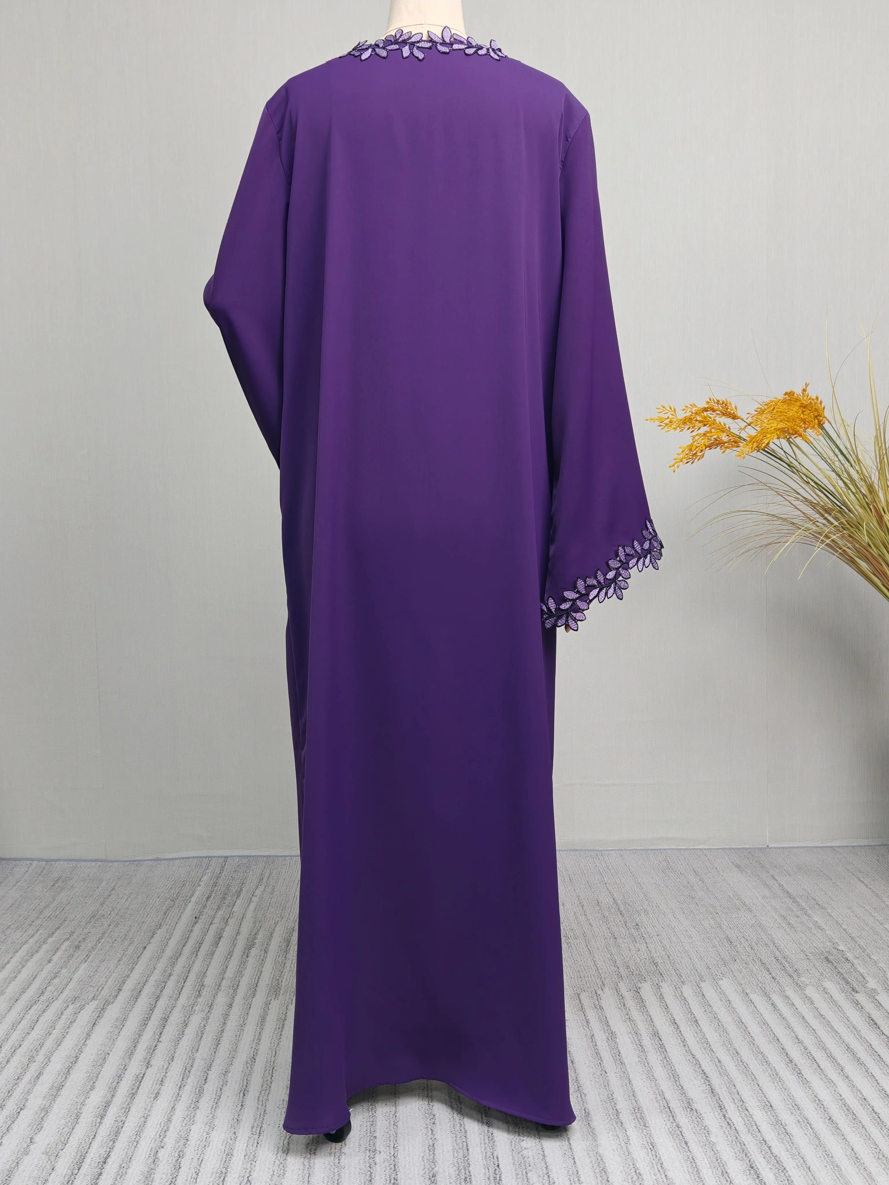 Elegant Beige Embroidered Abaya for Women – Dubai Style Modest Open Front Maxi Dress with Multicolour Detailing (All-Season)