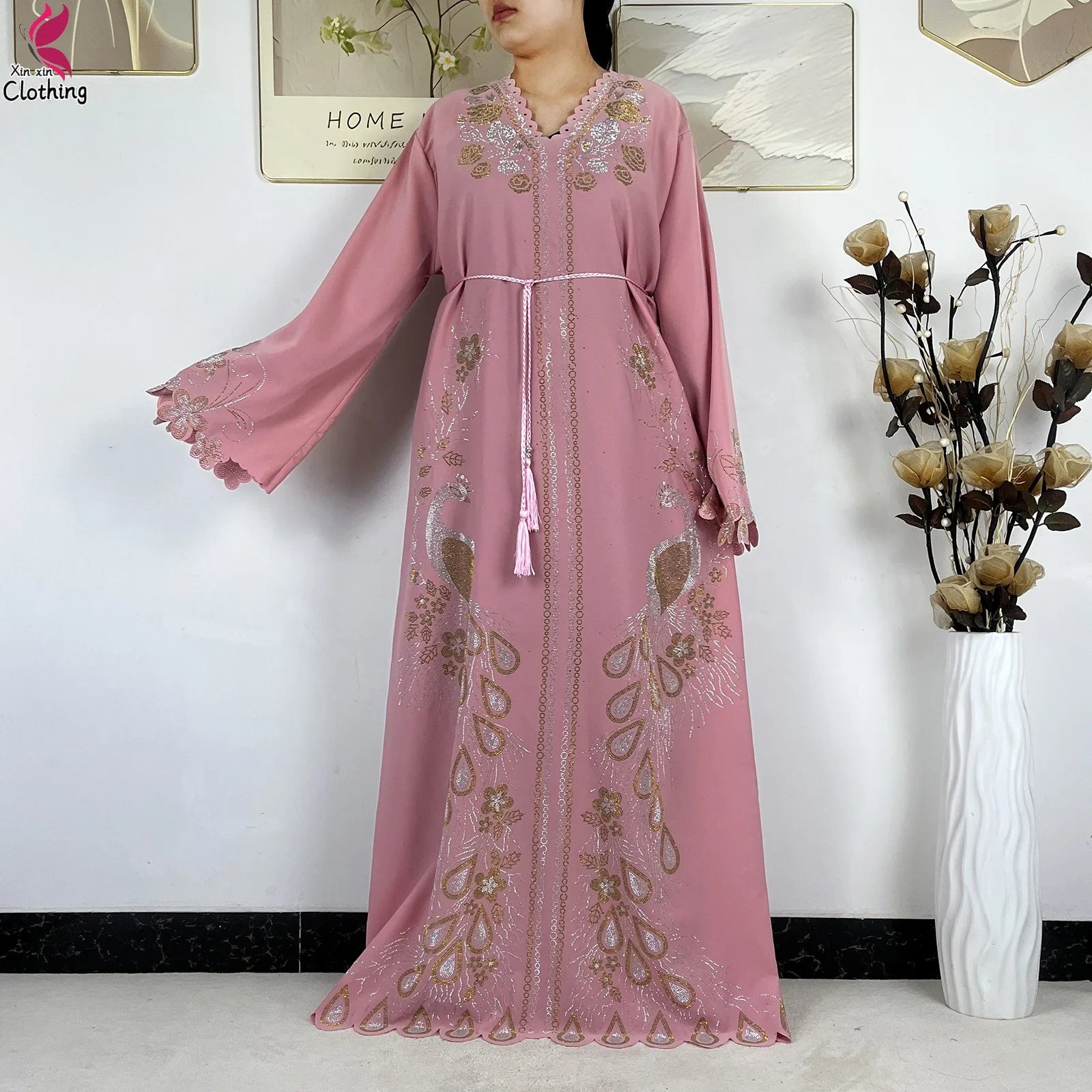 Elariah Diamond Chiffon Modest Abaya Dress – Elegant Long Sleeve Islamic Maxi Robe