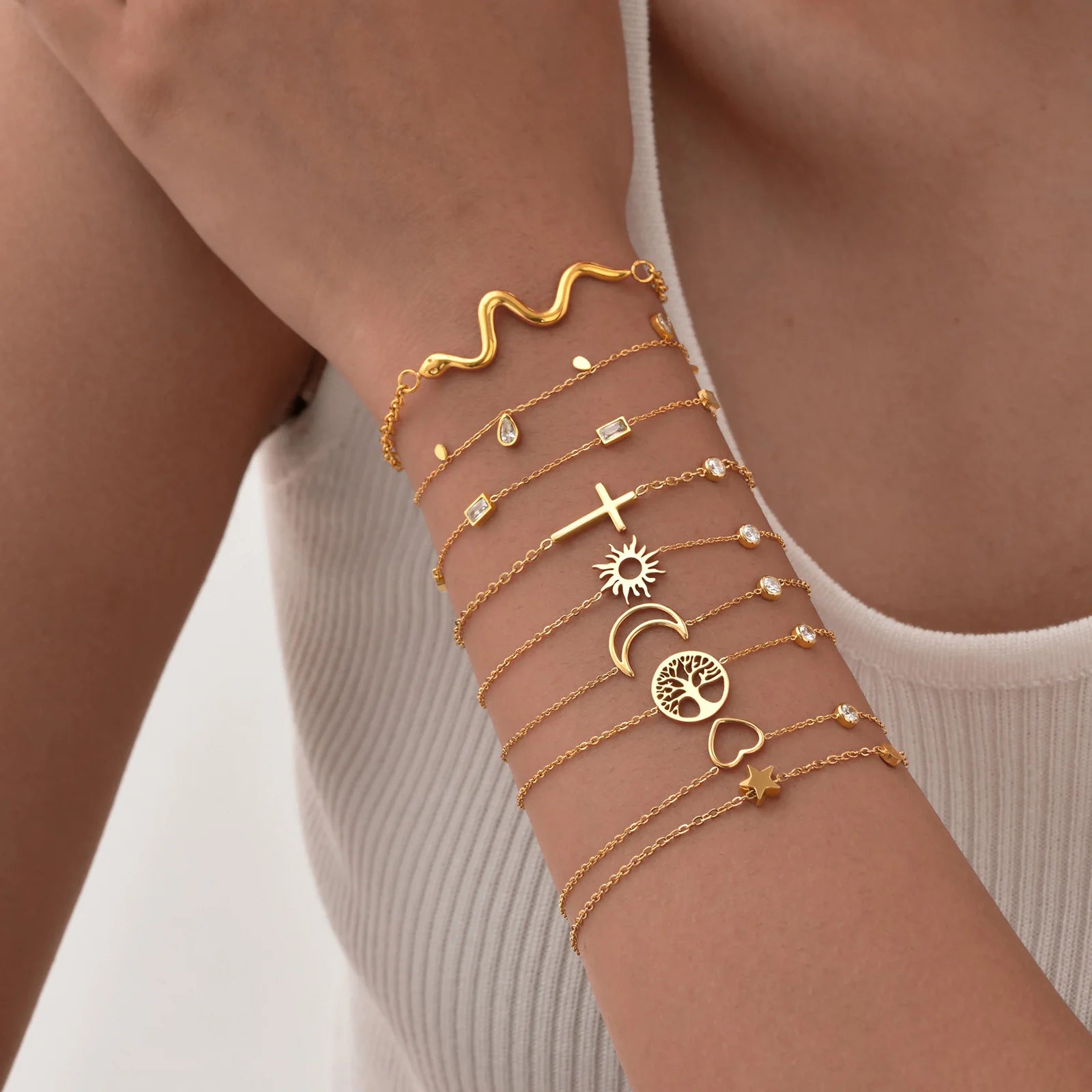 Minimalist Cross, Crescent Moon & Star Charm Bracelet for Women – Stainless Steel Thin Chain Adjustable Gold Layered Bracelet