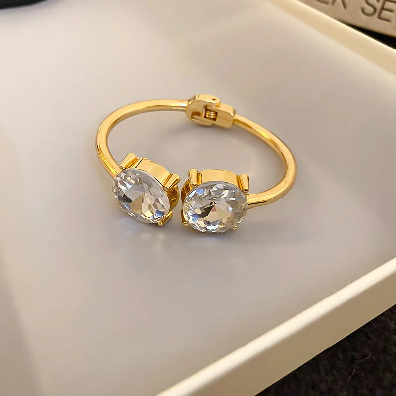 Gold Plated Zircon Round Open Cuff Bracelet for Women – Statement Rhinestone Bangle, Adjustable Party & Wedding Jewelry