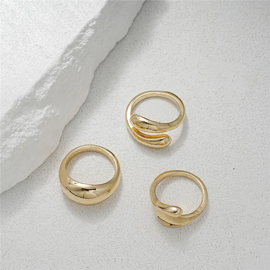 3-Piece Gold Plated Geometric Open Ring Set – Chunky, Irregular & Trendy Statement Rings for Women