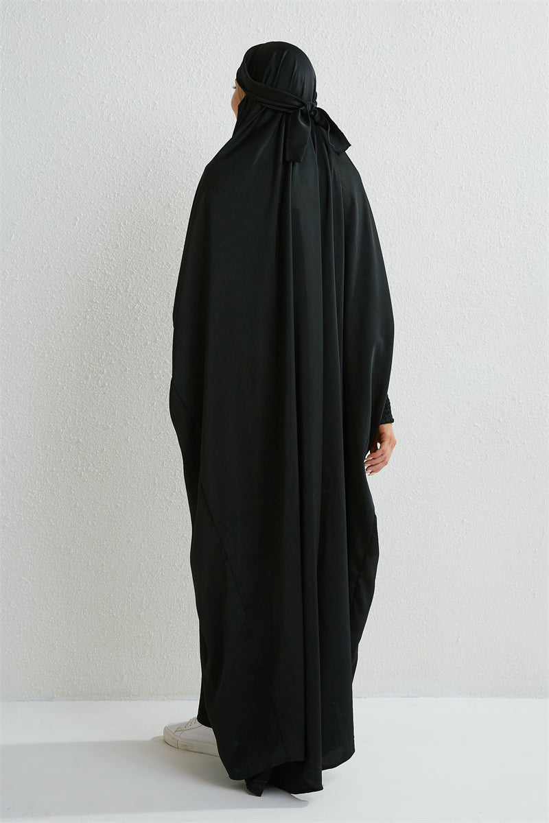 Elariah Hooded Modest Abaya Dress – Loose Fit One-Piece Jilbab with Smocked Sleeves (Black)