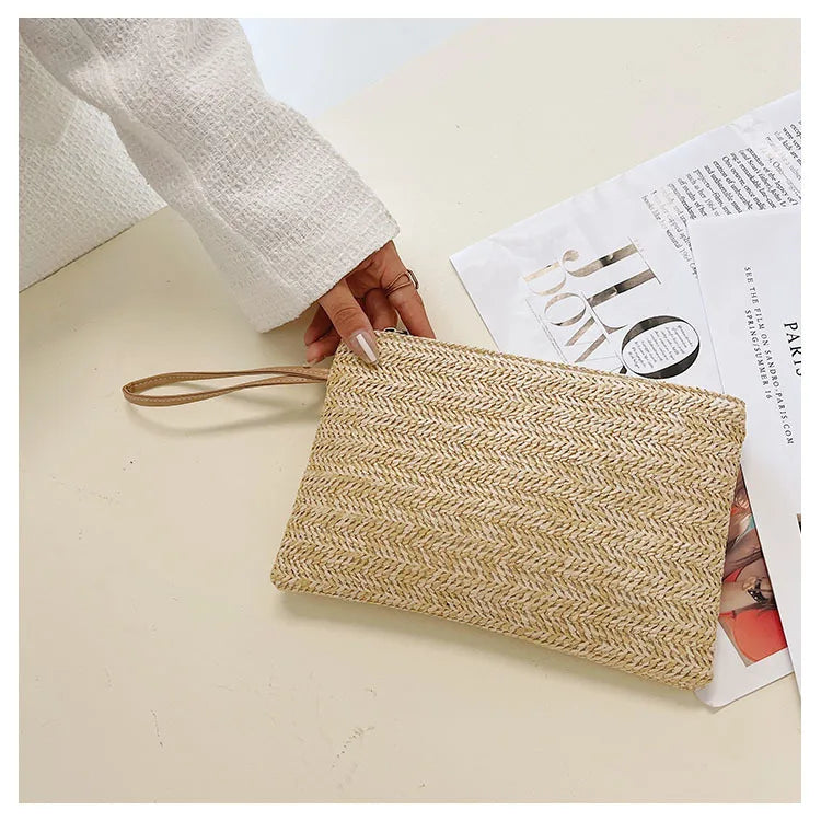 Elariah Woven Straw Wristlet Clutch Bag – Bohemian Summer Beach Handbag with Zipper (White, Khaki, Beige)