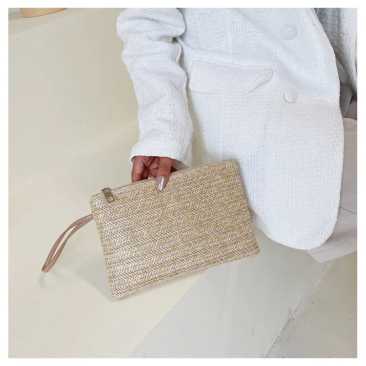 Elariah Woven Straw Wristlet Clutch Bag – Bohemian Summer Beach Handbag with Zipper (White, Khaki, Beige)