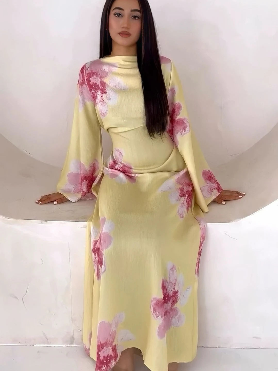 Elariah Floral Print Modest Kaftan Abaya Dress – Long Sleeve Maxi Jalabiya for Eid, Ramadan & Special Occasions