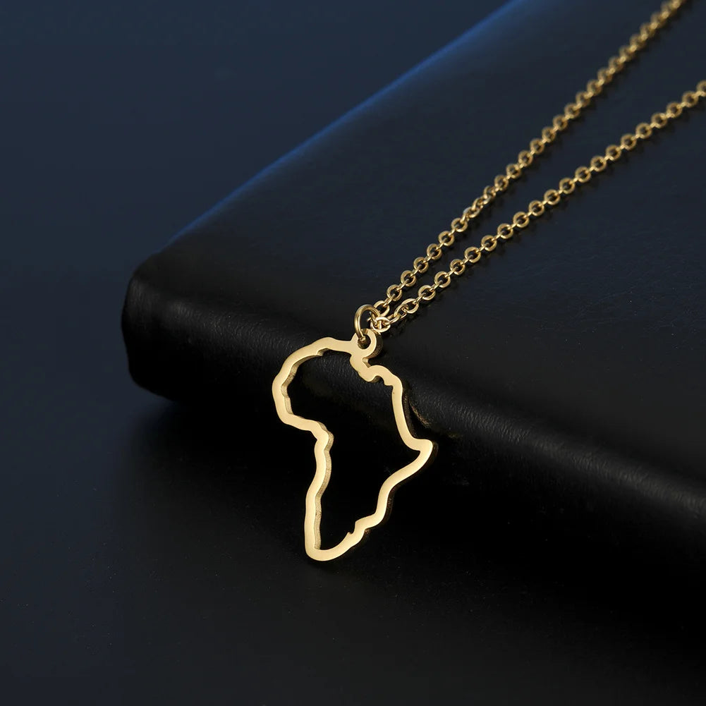 Collier pendentif tendance carte d'Afrique pour femme – Collier géométrique en acier inoxydable, coloris or, or rose ou acier.