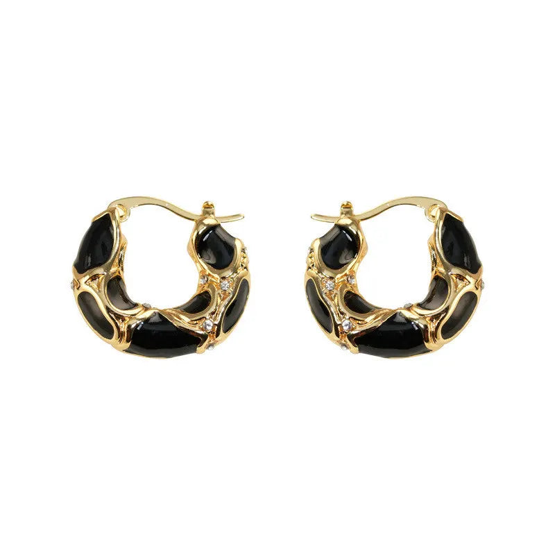 Vintage Enamel Small Hoop Earrings – Gold Plated Textured Statement Hoops for Women