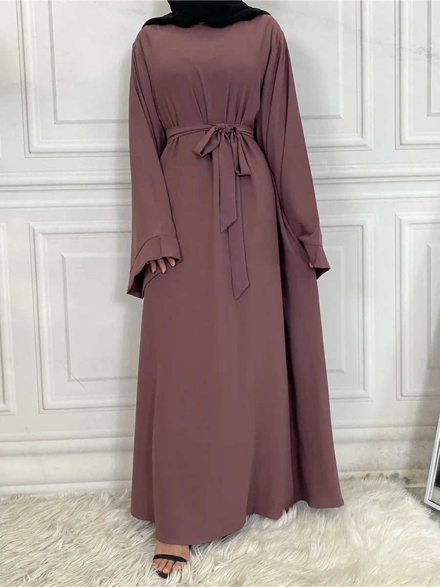 Elegant Modest Maxi Dress with Waist Tie – Long Sleeve Woven Abaya Style Dress for Women (All Season)