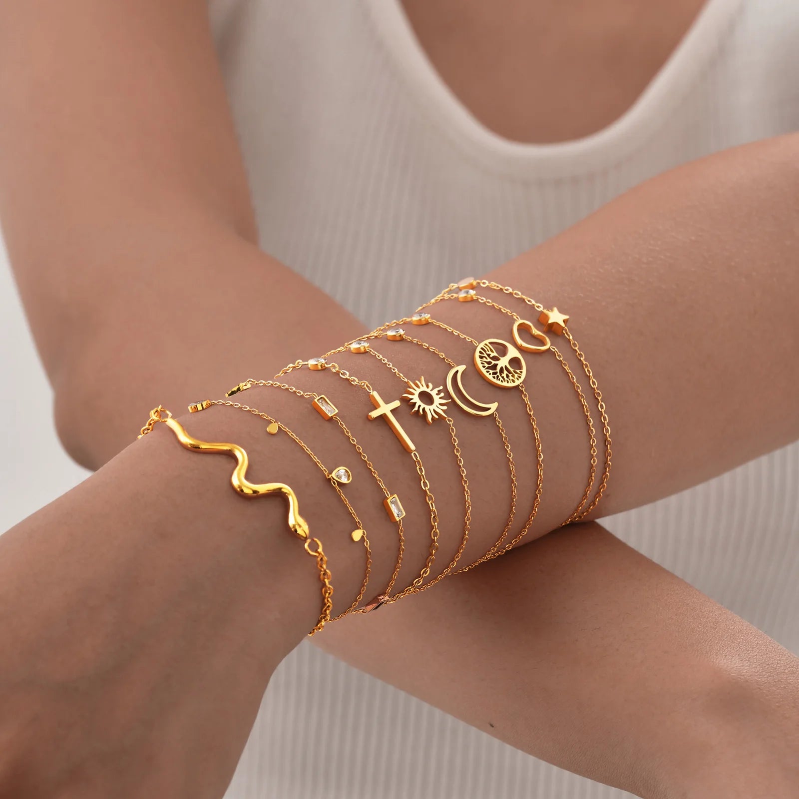 Minimalist Cross, Crescent Moon & Star Charm Bracelet for Women – Stainless Steel Thin Chain Adjustable Gold Layered Bracelet