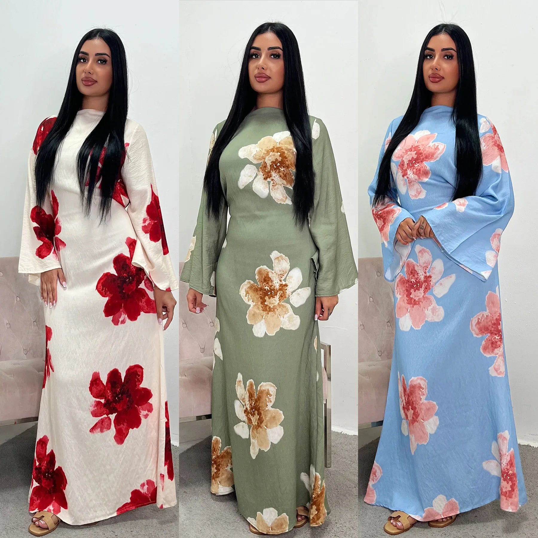 Elariah Floral Print Modest Kaftan Abaya Dress – Long Sleeve Maxi Jalabiya for Eid, Ramadan & Special Occasions