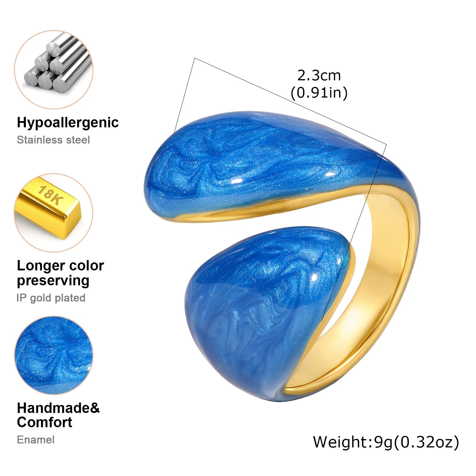 Chunky Enamel Twist Ring for Women – Gold Plated Stainless Steel Open Crossover Statement Ring, Waterproof Stackable Band (Blue/Green/Pink)