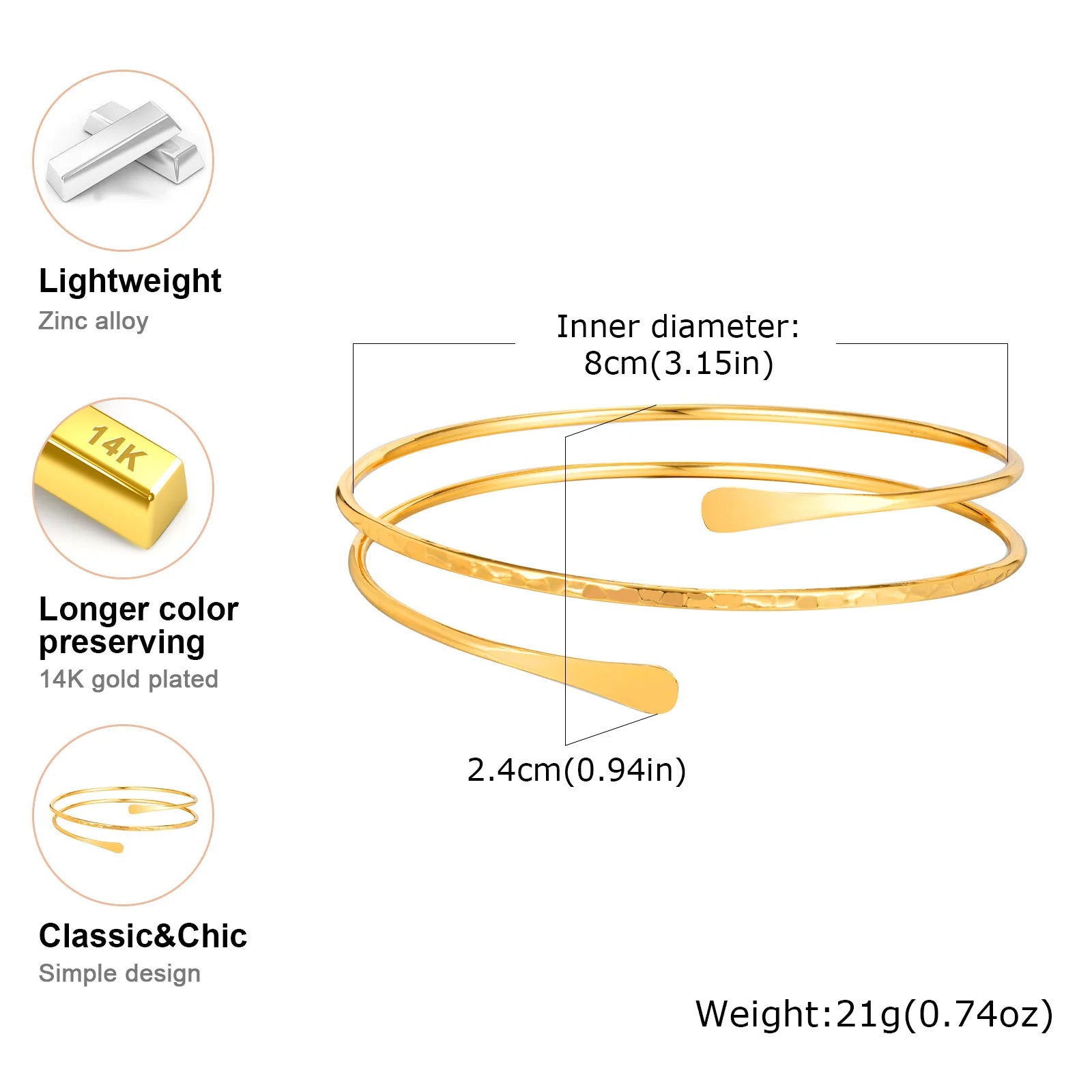 Minimalist Gold Plated Upper Arm Cuff Bracelet – Trendy Statement Armband Jewelry for Women