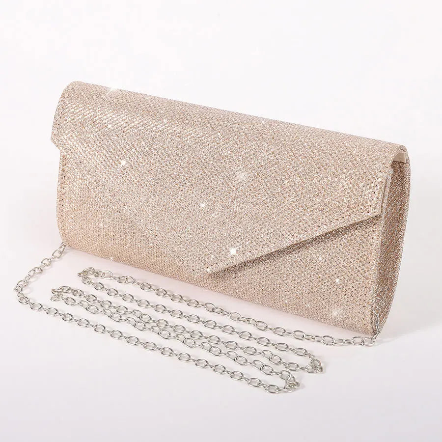 Elariah Shimmer Envelope Clutch Bag – Silver Glitter Evening Handbag with Chain Strap for Weddings & Party Wear