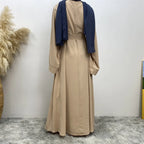 Elegant Modest Maxi Dress with Waist Tie – Long Sleeve Woven Abaya Style Dress for Women (All Season)