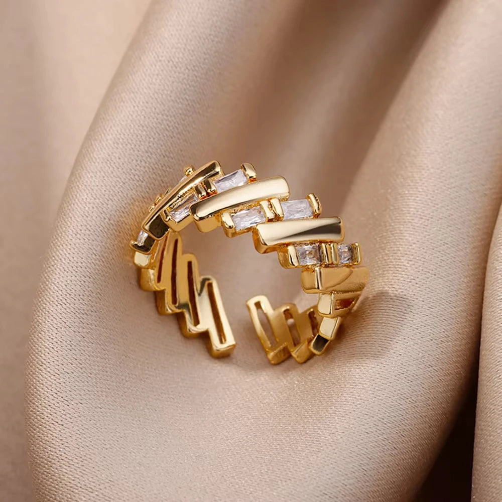 ELARIAH 18K Gold Plated Zircon Geometric Open Ring – Adjustable Stainless Steel Wedding & Party Band for Women