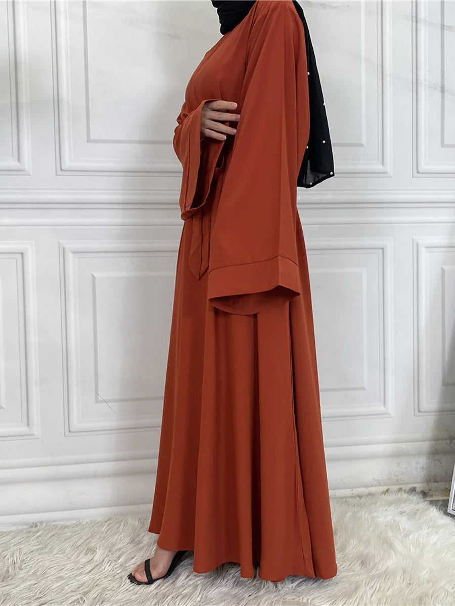 Elegant Modest Maxi Dress with Waist Tie – Long Sleeve Woven Abaya Style Dress for Women (All Season)