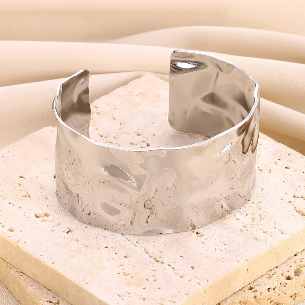 Vintage Irregular Gold Cuff Bracelet – Stainless Steel Open Bangle for Women & Men