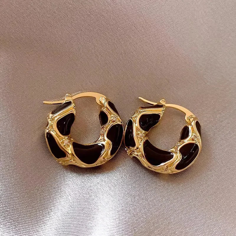 Vintage Enamel Small Hoop Earrings – Gold Plated Textured Statement Hoops for Women