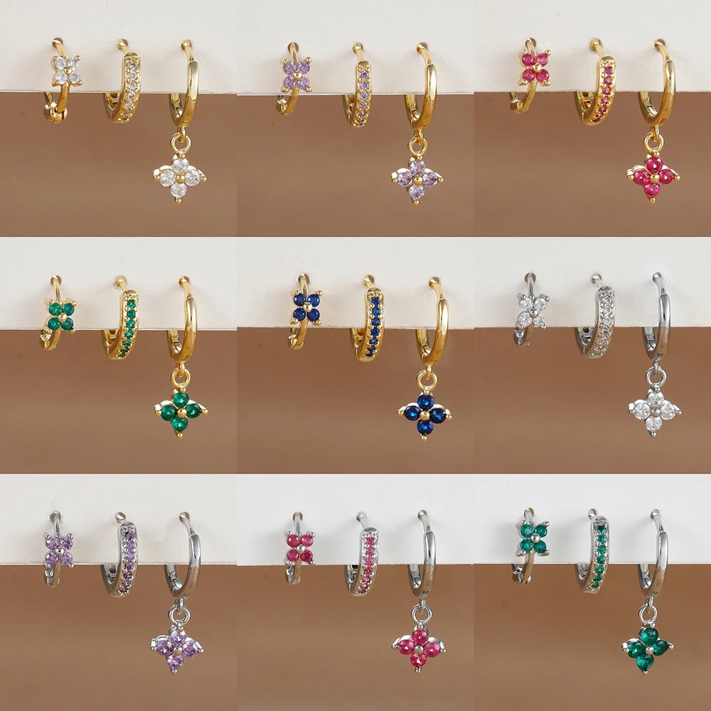 3-Piece Stainless Steel Flower Drop Earrings Set with Cubic Zirconia – Hypoallergenic Floral Dangle Earrings for Women