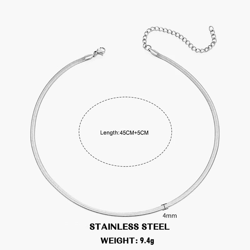 Classic Flat Snake Chain Choker Necklace – Stainless Steel Herringbone Design in Gold & Silver
