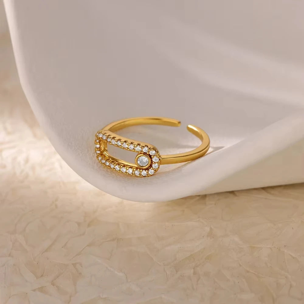 ELARIAH 18K Gold Plated Zircon Geometric Open Ring – Adjustable Stainless Steel Wedding & Party Band for Women