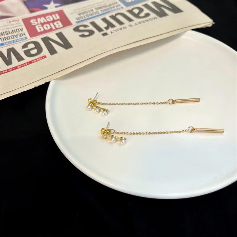 Elegant Pearl Long Tassel Drop Earrings – Fashion Metal Chain Jewelry for Women