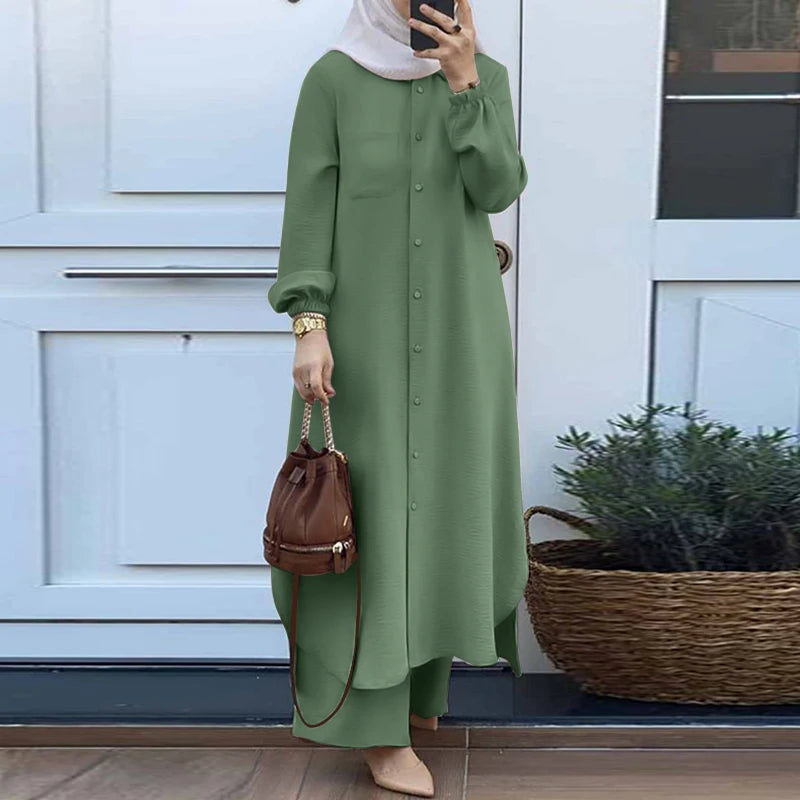 Elariah Modest Co-Ord Abaya Set – Long Sleeve Button Shirt & Wide-Leg Trousers | Casual Islamic Outfit for Women
