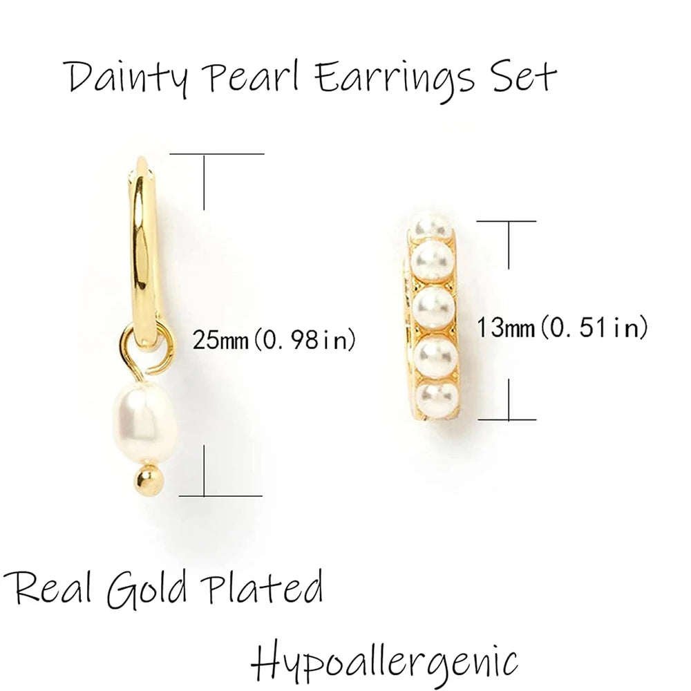 2-Pair Set Vintage Pearl Dangle Hoop Earrings – 18K Gold Plated Stainless Steel Hoops for Women