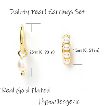 2-Pair Set Vintage Pearl Dangle Hoop Earrings – 18K Gold Plated Stainless Steel Hoops for Women