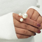 Bague géométrique vintage à double couche en perles blanches – Bague imposante pour femme
